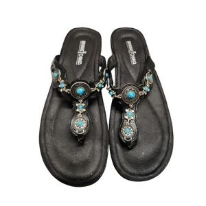 Minnetonka Thong Sandals Womens 9 Black Turquoise Boho Southwestern 7400 Beaded